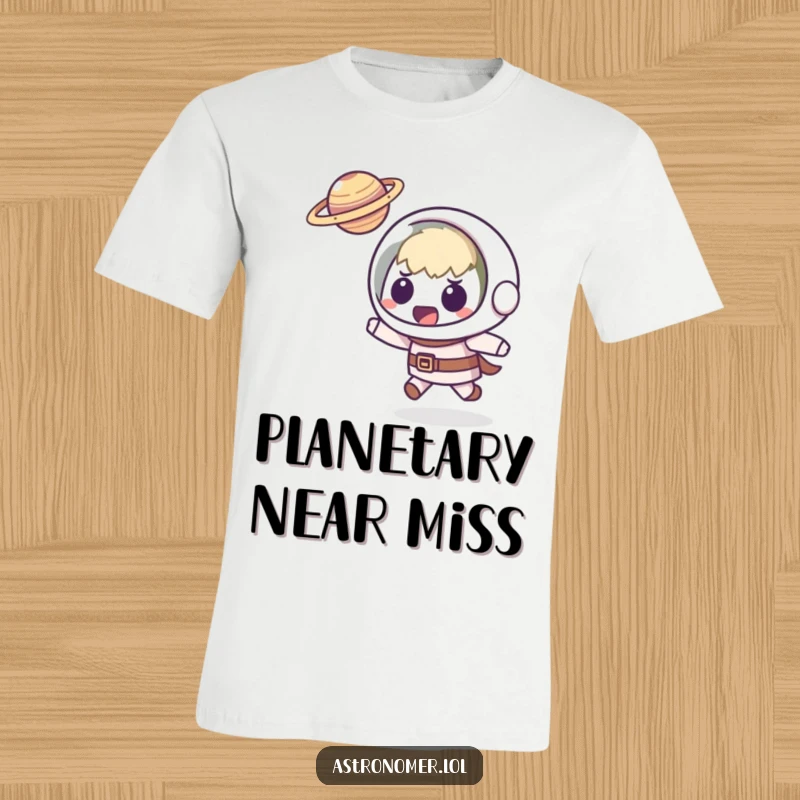 Funny Kawaii astronomer t-shirt featuring a startled character comically evading a small, airborne planet, designed for humorous cosmic scenarios.