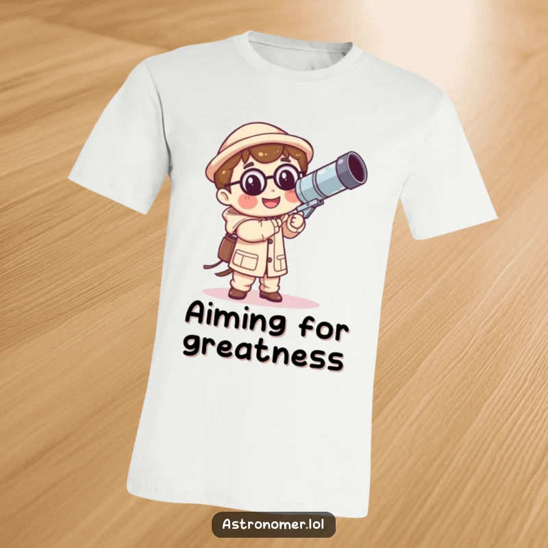 Funny Kawaii astronomer t-shirt with a smiling character holding a comically large, wobbly telescope, ideal for humorous space adventures.