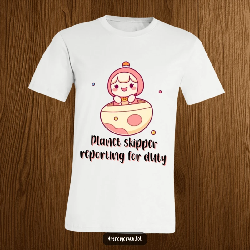 Funny T-Shirt: A cute kawaii character smiles while floating on a planet, depicted as a whimsical boat in outer space.