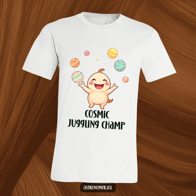 Funny t-shirt featuring a happy creature expertly juggling luminous planets, embodying joy and celestial amusement.