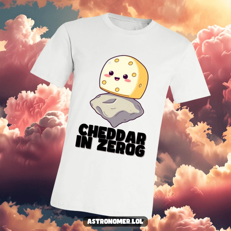 Funny smiling cheese wheel trying to balance on a floating asteroid, cosmic dairy graphic, humorous space t-shirt.
