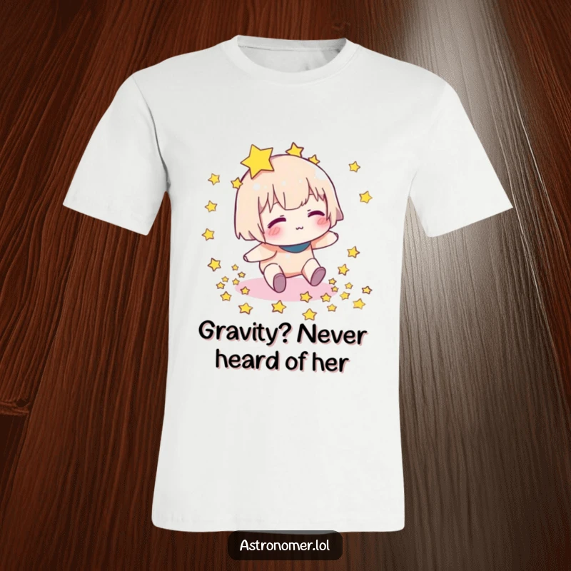 Funny t-shirt showing a character stumbling, dropping a bright, scattered collection of stars, perfect for space lovers with a sense of humor.