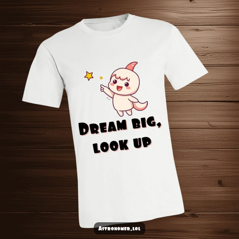 Funny T-Shirt: A cute character excitedly points at a far-off, sparkling star, symbolizing ambition and the pursuit of distant goals.