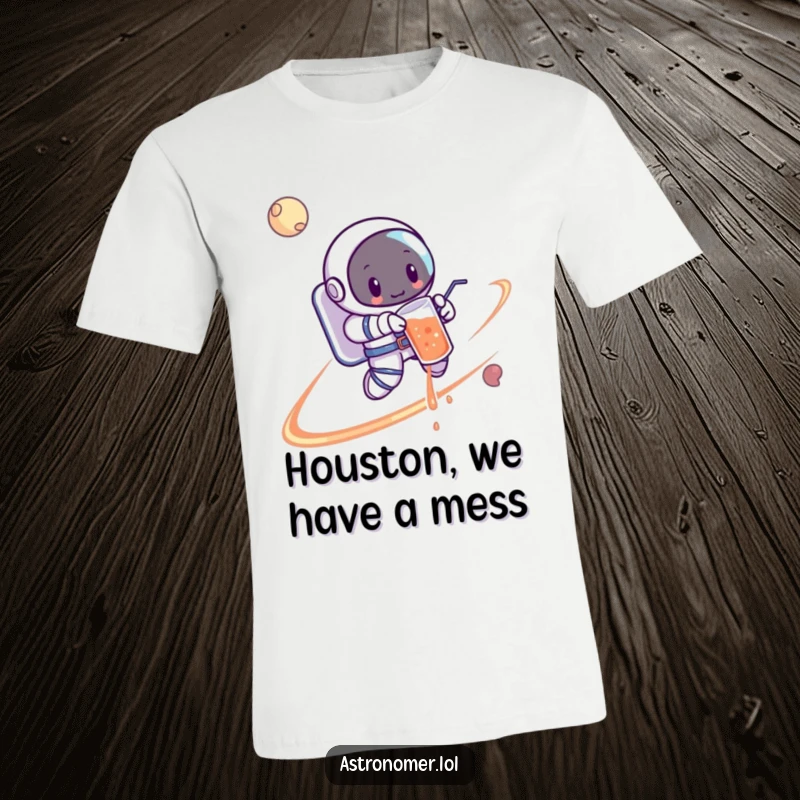 Funny Astronaut T-Shirt: A cartoon astronaut in zero gravity spilling a beverage while circling a distant planet, creating a mess.
