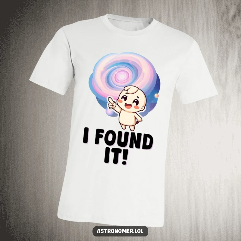 Funny t-shirt with a character smiling and pointing energetically at a vibrant, swirling galaxy, conveying boundless cosmic enthusiasm.