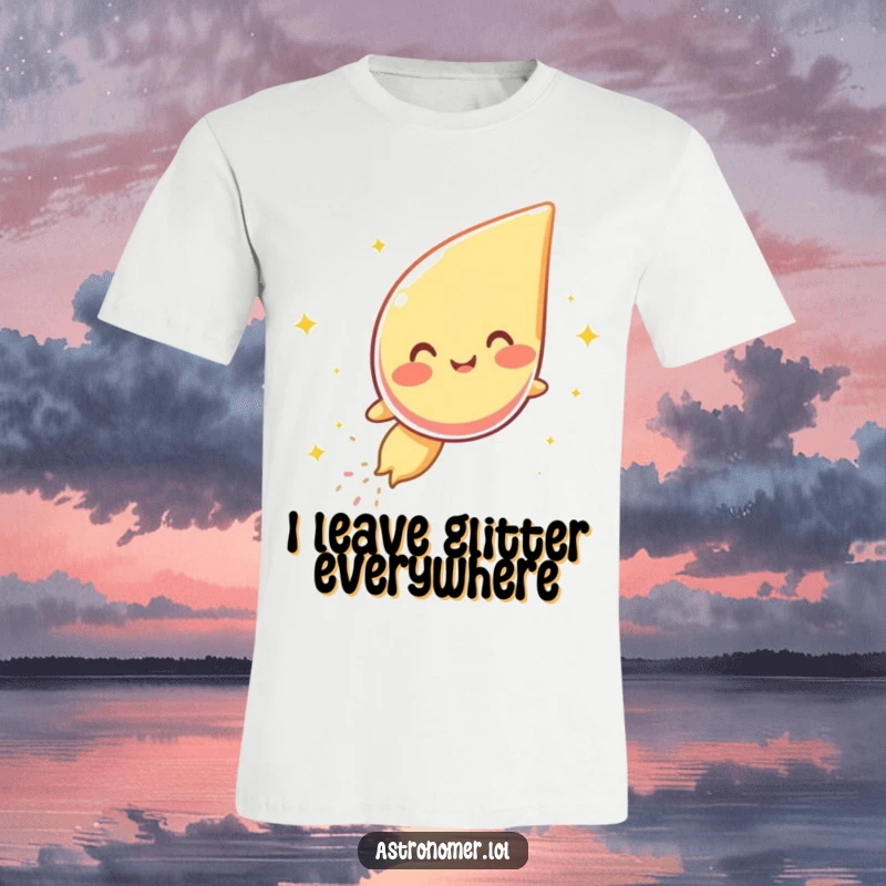Funny t-shirt showcasing a jovial comet character with a big grin, leaving a shimmering dust trail, great for astronomy enthusiasts.