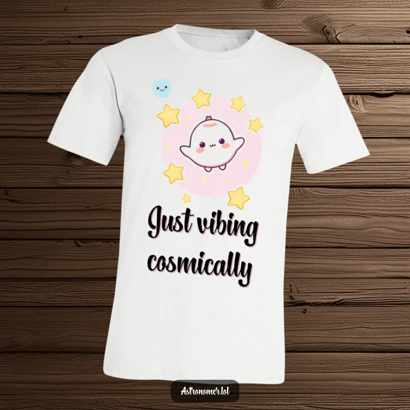 Funny T-Shirt: A cute character peacefully floats in the vastness of space, embraced by smiling cartoon stars.