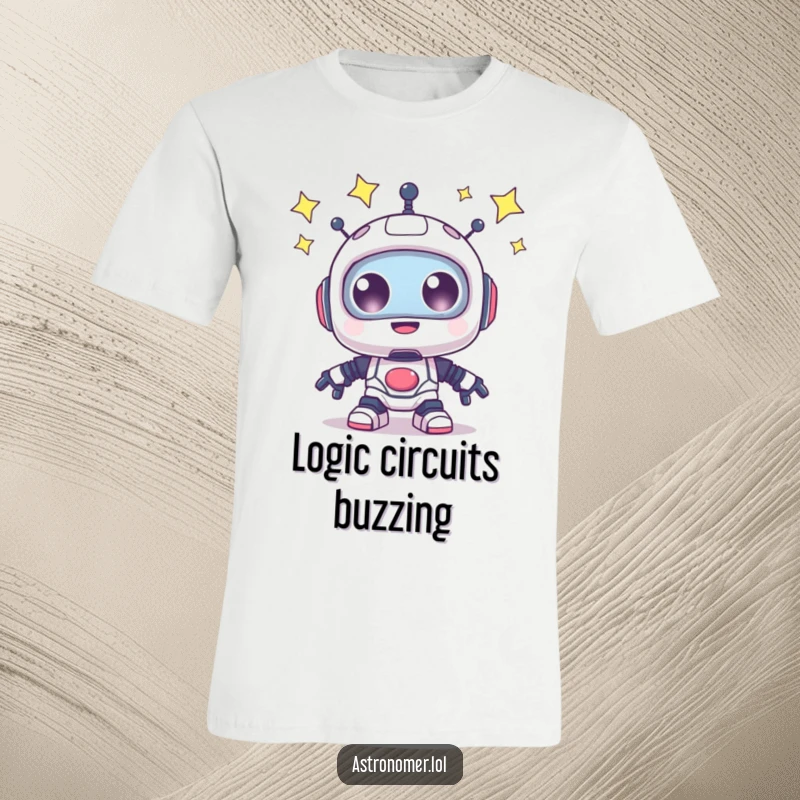 Funny T-Shirt: A happy robot with bright, sparkling eyes looking up at a vast expanse of stars.