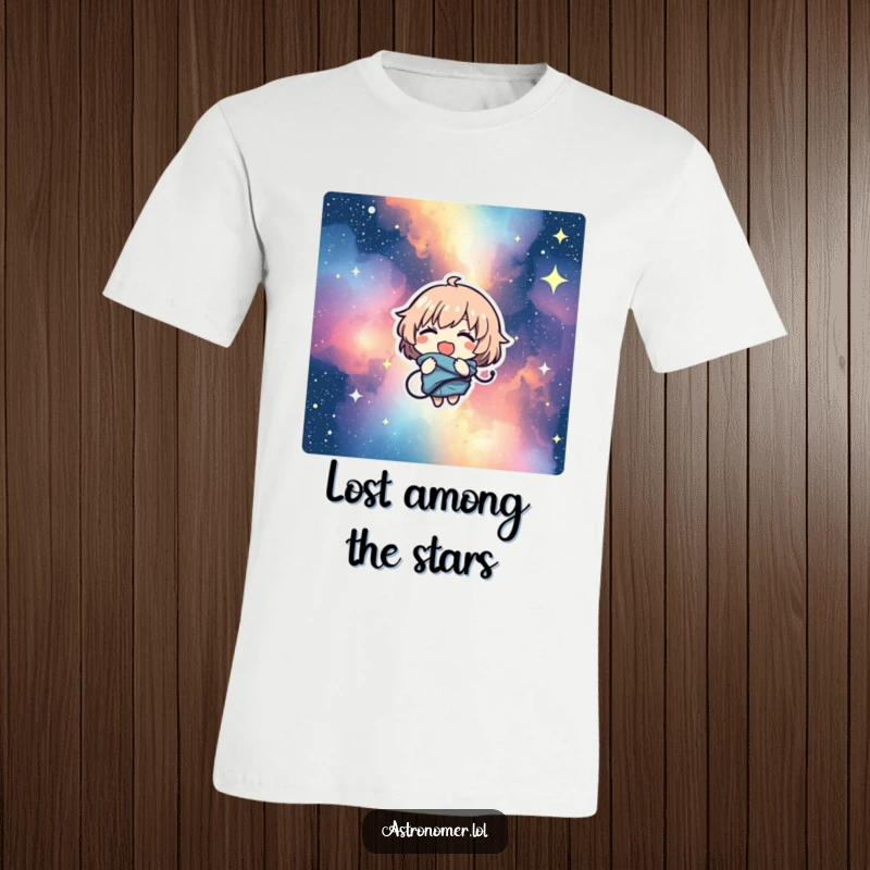 Funny t-shirt print of a character comically tangled in a vibrant starry nebula, giggling with pure joy and cosmic abandon.