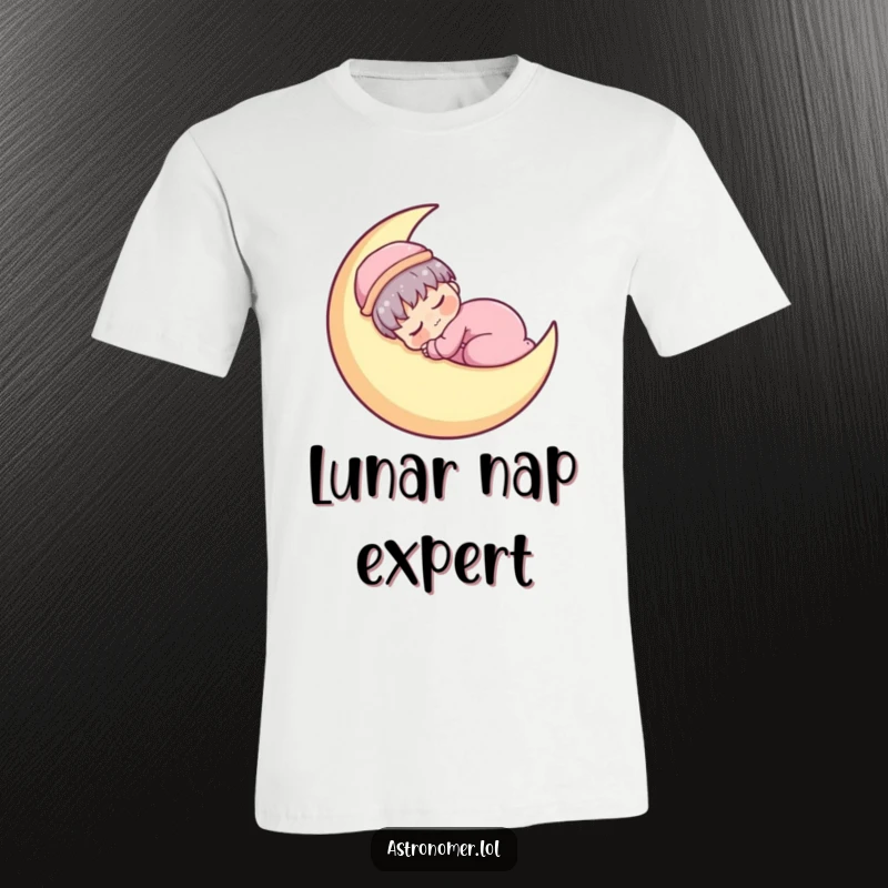 Funny Kawaii astronomer character shown napping soundly on a crescent moon, a humorous depiction on this t-shirt.