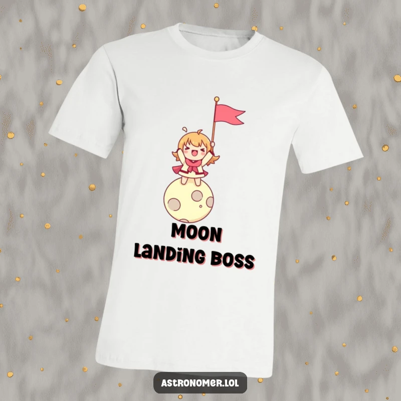 Funny t-shirt print of a character enthusiastically planting a flag on a tiny moon, beaming with pride and accomplishment.