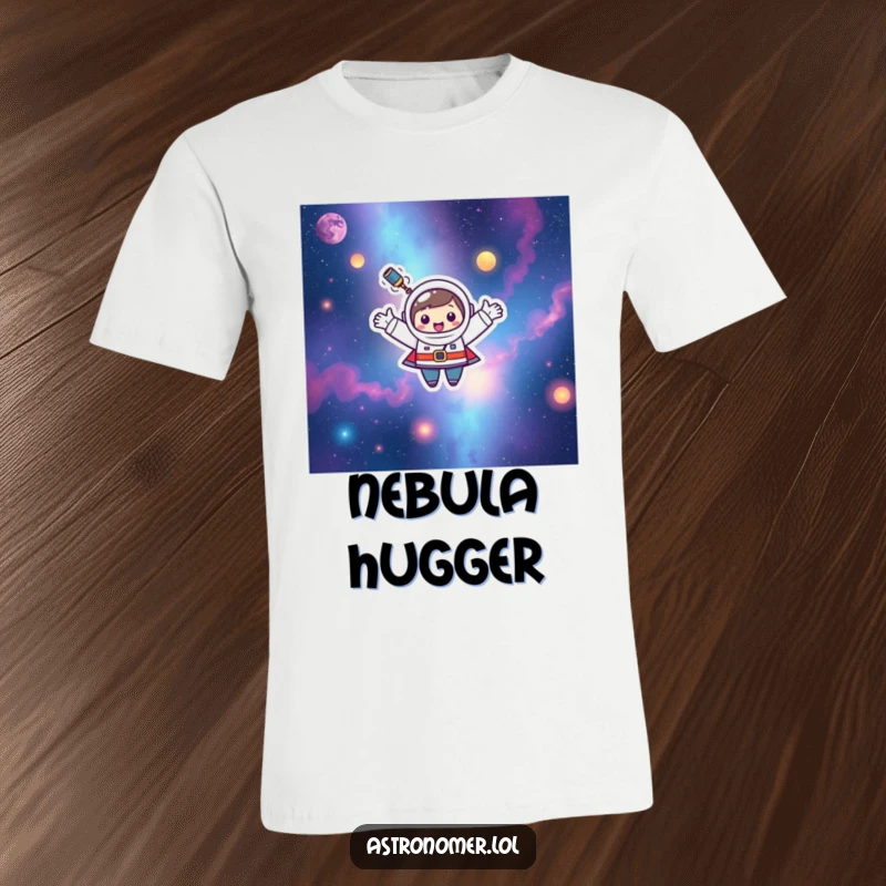 Funny Kawaii astronomer character joyfully floating through colorful nebulae with arms outstretched on this t-shirt.