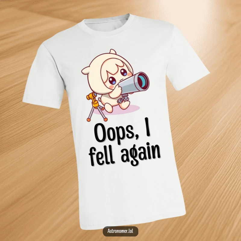 Funny T-Shirt: A cute character hilariously trips over a large telescope, showcasing surprise and relatable cosmic mishaps.
