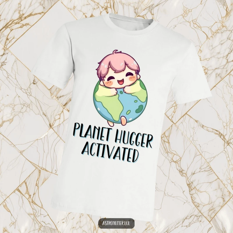 Funny T-Shirt: A cute character hugs a planet with a joyful, pleased expression, showcasing a deep love and connection to the universe.