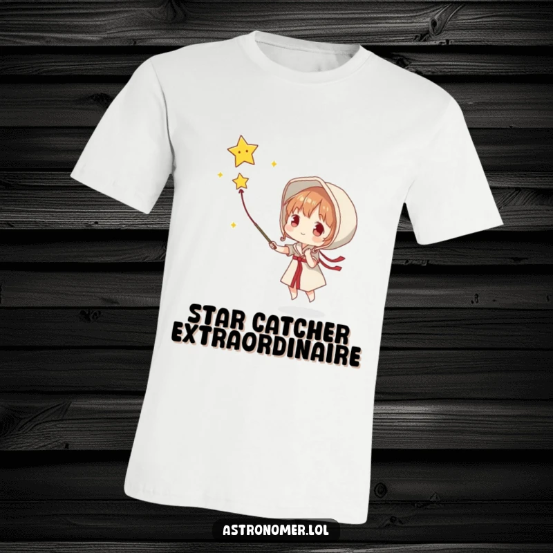 Funny t-shirt print of a character trying to catch a falling star with a net, eyes wide with wonder and hope.