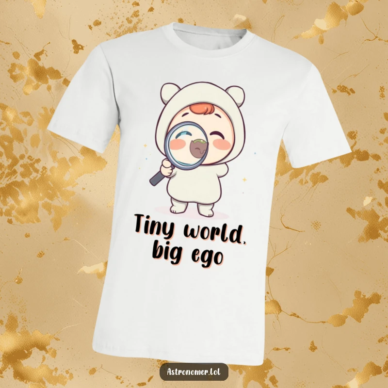 Funny t-shirt with a delighted character excitedly holding a magnifying glass to a tiny planet, emphasizing a humorous take on scientific exploration and curiosity.