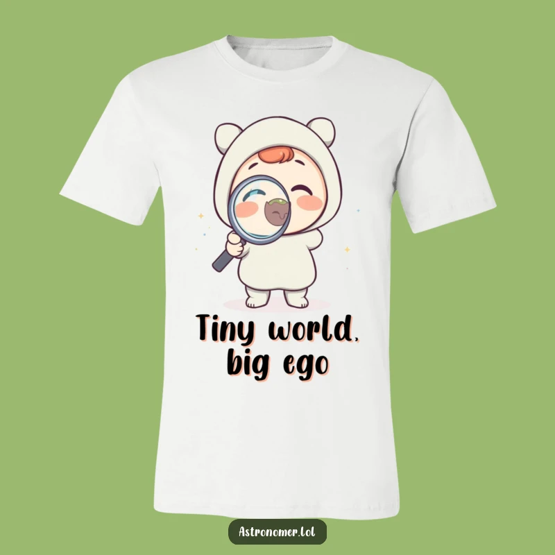 Funny Science T-Shirt: Delighted Character Researches Tiny Planet, Hilarious Gift for Explorers