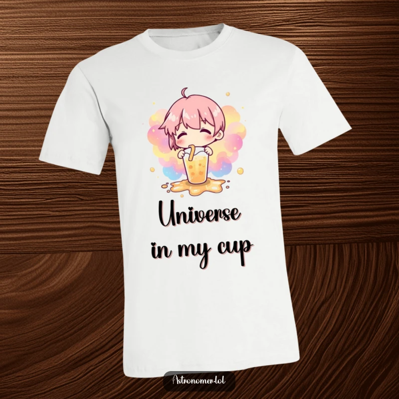 Funny T-shirt showcasing a character whose spilled drink creates a colorful and intricate nebulae pattern in the shape of a galaxy.