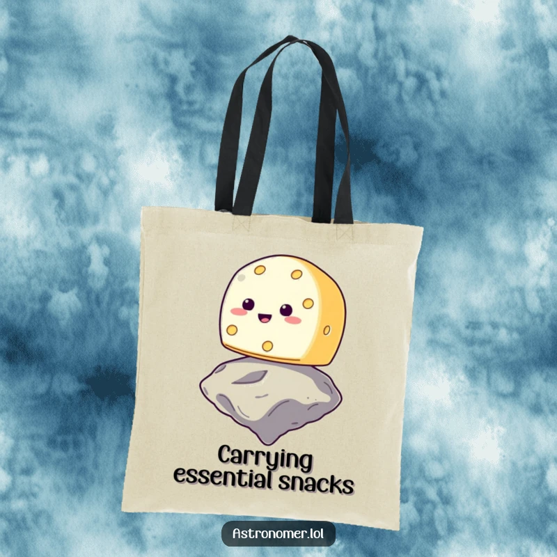 Funny smiling cheese wheel trying to balance on a floating asteroid, practical and amusing space tote bag, gift for food lovers.