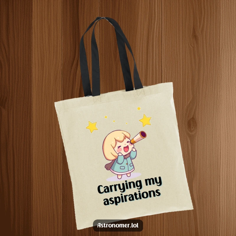 Funny Tote Bag: A character with a telescope giggles, joyfully chasing a bright shooting star through the starry expanse.