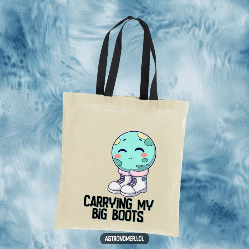 Funny winking planet trying to wear oversized moon boots, practical and amusing space tote bag, gift for space lovers.