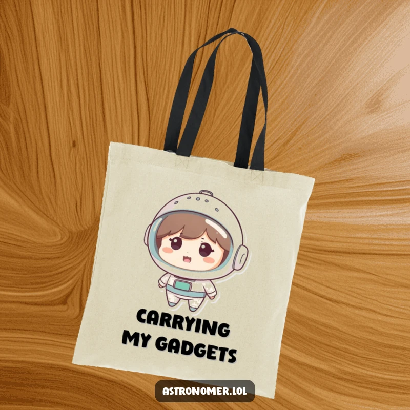 Funny Tote Bag: Cute character looks amused wearing a colander as a space helmet, symbolizing resourceful and humorous exploration.