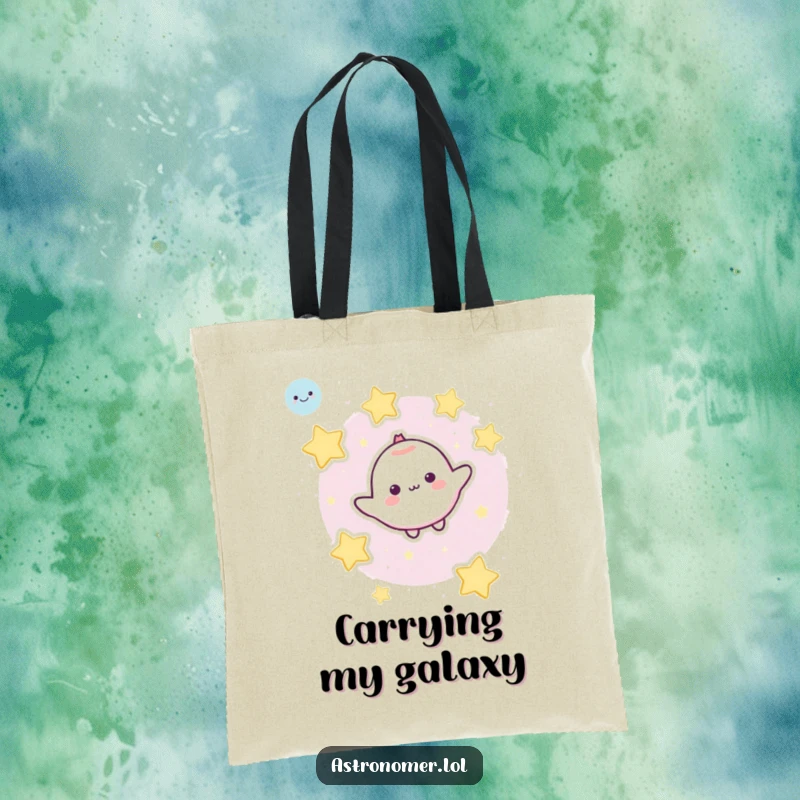 Funny Tote Bag: A cute character drifts through space, accompanied by a cheerful group of friendly cartoon stars.