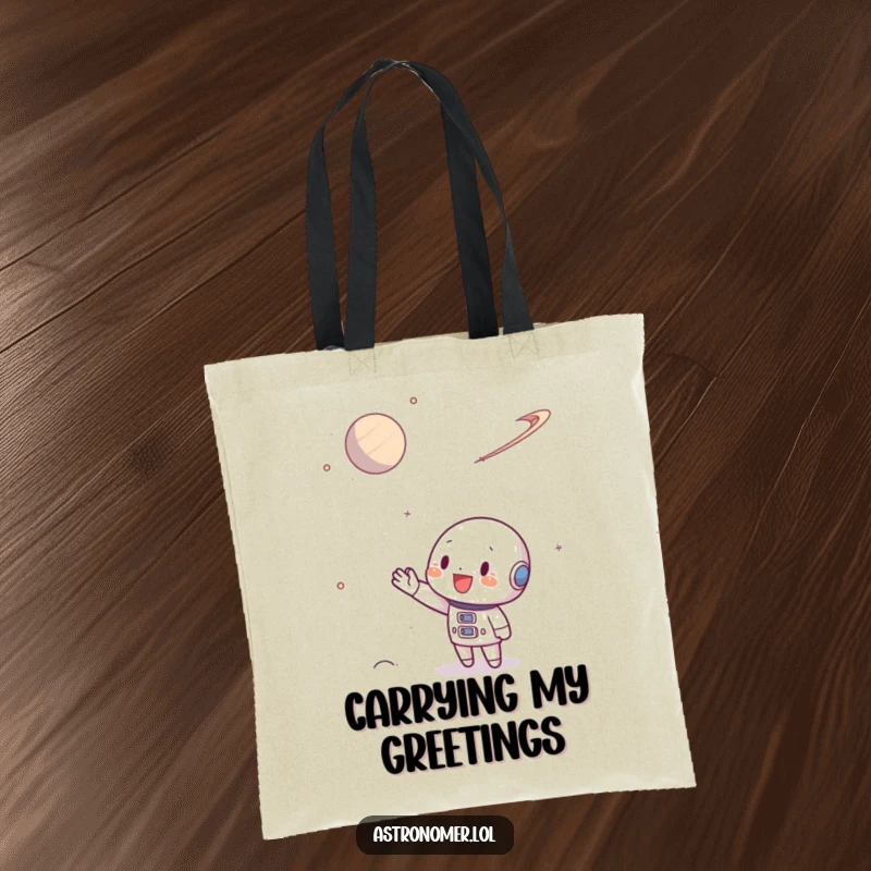 Funny Tote Bag with a character waving cheerfully at a faraway planet, symbolizing exploration and connection.