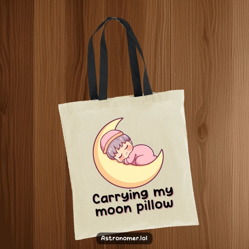 Funny Kawaii astronomer character peacefully napping on a crescent moon, bringing sleepy vibes to this tote bag.