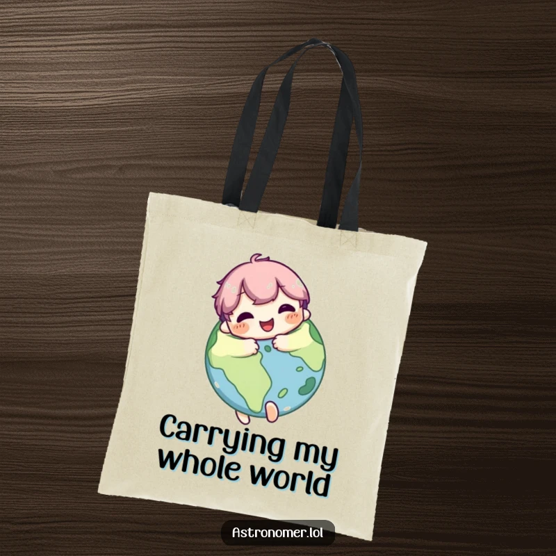 Funny Tote Bag: Cute character embraces a planet with a joyful, pleased expression, symbolizing a strong love and connection to celestial bodies.