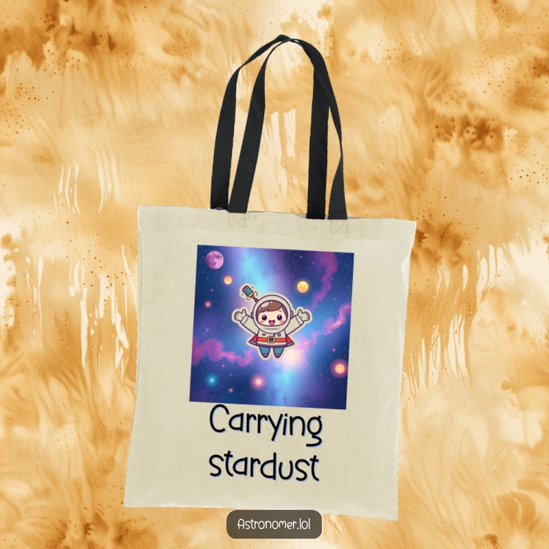 Funny Kawaii astronomer character happily floating among vibrant, colorful nebulae on this spacious tote bag.