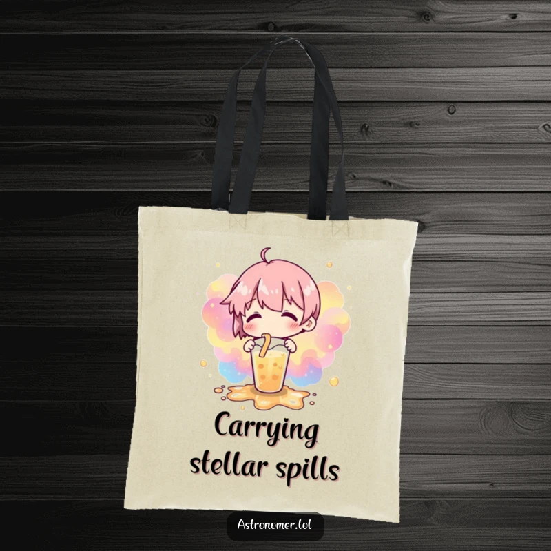 Funny tote bag displaying a spilled drink that has transformed into a beautiful nebulae pattern, a cosmic mishap masterpiece.