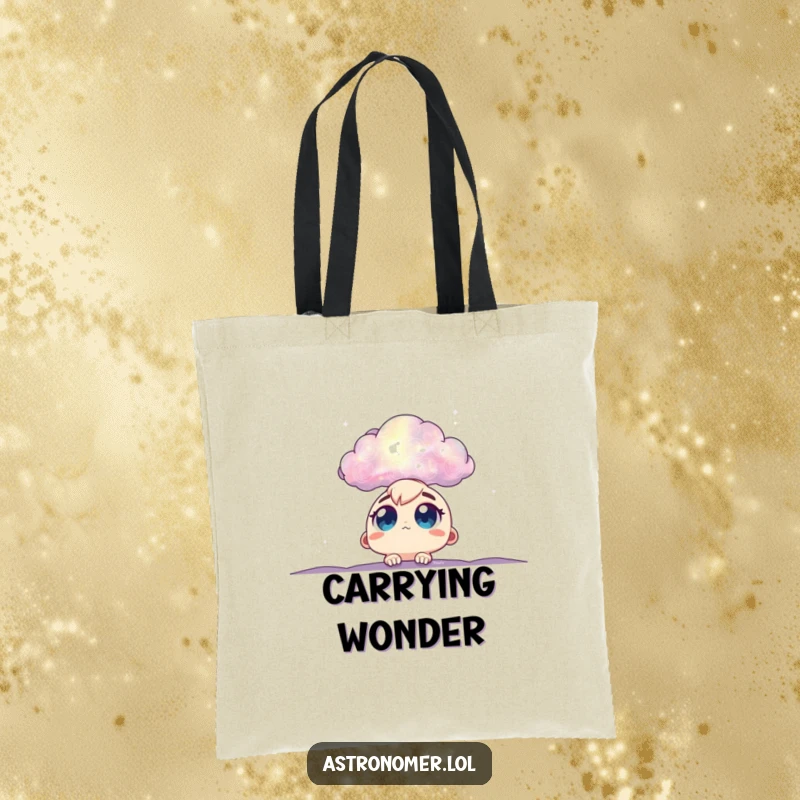 Funny nebula gazer tote bag with big eyes looking at a cloud, a whimsical and humorous accessory for space lovers.