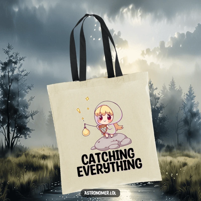 Funny tote bag showing a character catching a falling comet with a tiny net, ideal for carrying items with a heroic, humorous flair.
