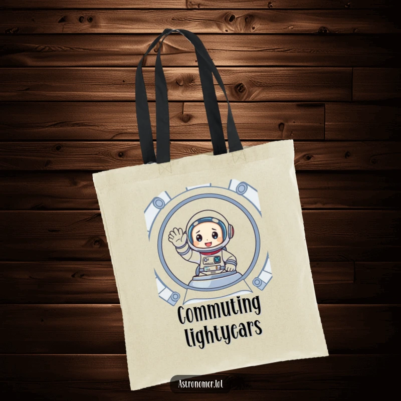 Funny tote bag showing a cartoon astronaut enthusiastically waving from inside a spaceship, great for carrying items with personality.