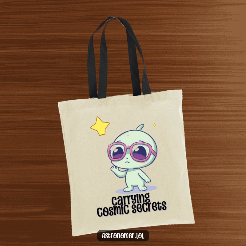 Funny alien with oversized glasses, looking up at a glowing star, cute and practical tote bag for sci-fi fans.
