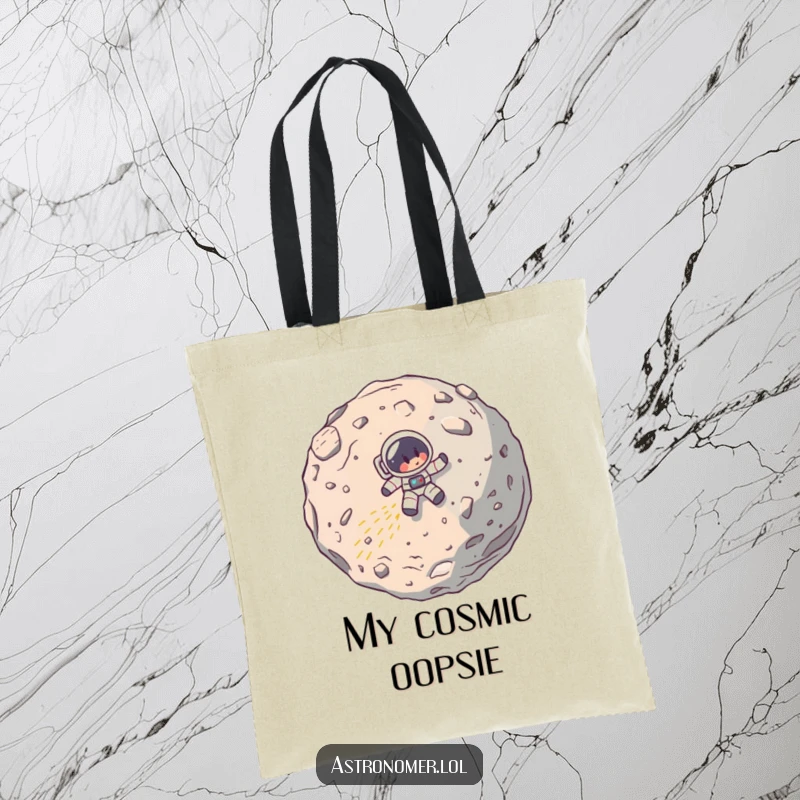 Funny tote bag illustrating a cartoon astronaut's spaceship comically colliding with a large asteroid, a humorous take on space exploration.