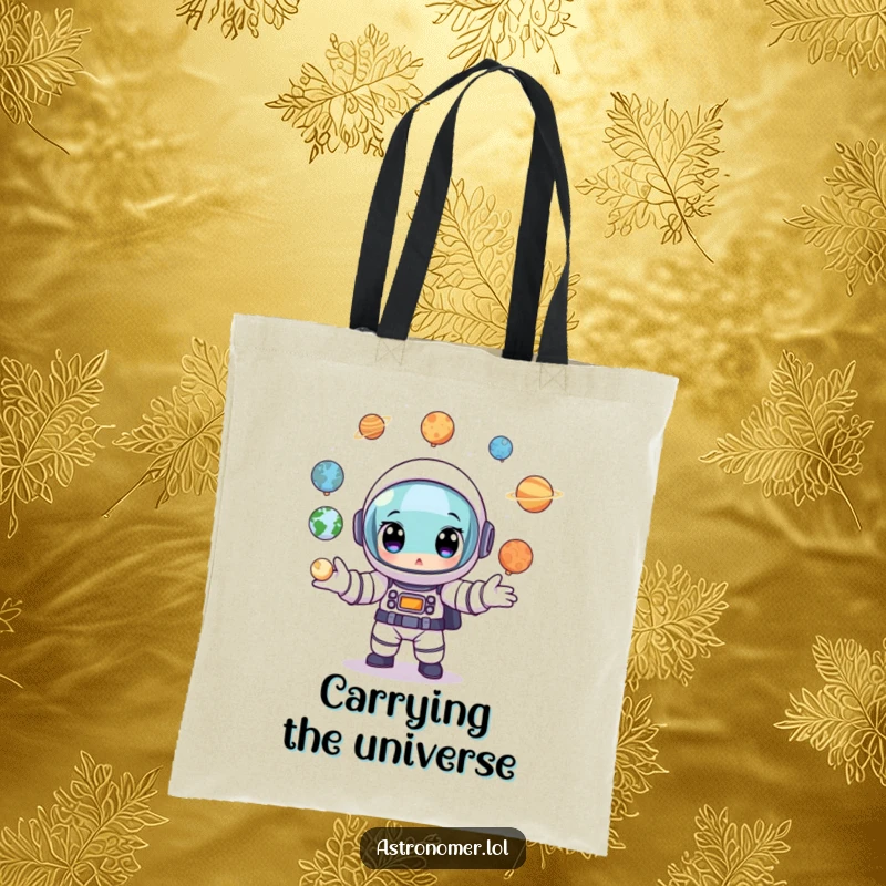 Funny Astronaut Tote Bag: A cartoon astronaut wide-eyed, juggling tiny planet models, perfect for carrying your universe of items.