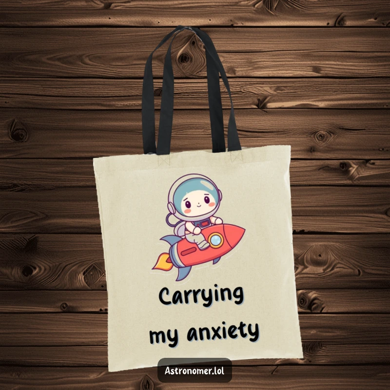 Funny smiling astronaut riding a crooked rocket, a humorous tote bag perfect for carrying dreams and daily necessities.