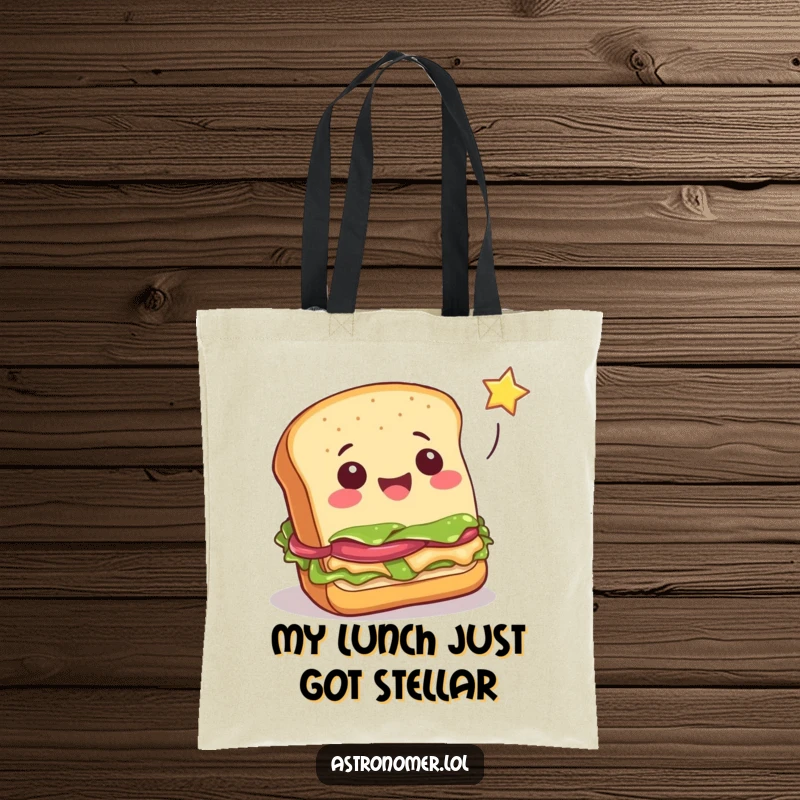 Funny cheerful sandwich attempting to catch a falling star, practical and amusing food tote bag, gift for foodies.