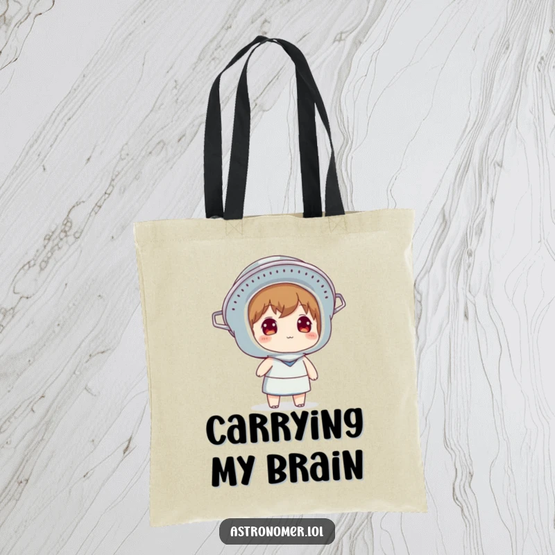 Funny tote bag showing a character wearing a colander as a helmet and looking at the sky, ideal for carrying items with a thoughtful, humorous theme.