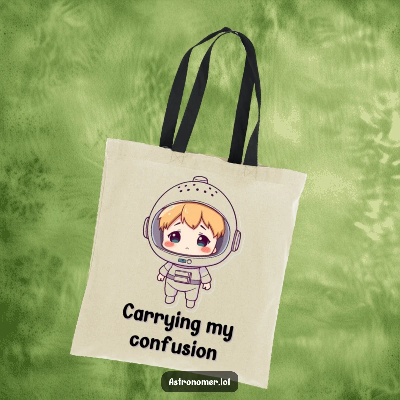 Funny tote bag featuring a confused character attempting space travel with a colander for a helmet, ready for any mission.