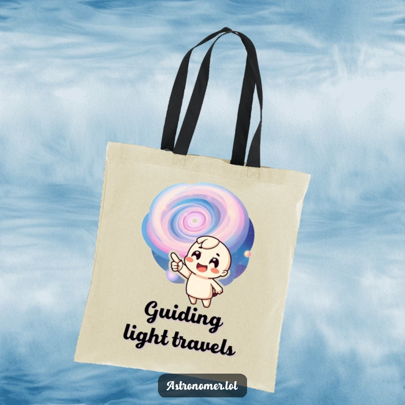 Funny tote bag with a character exuberantly pointing towards a colorful swirling galaxy, symbolizing a love for space.
