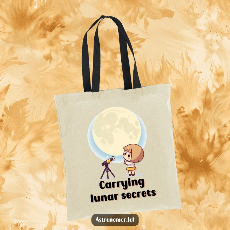 Funny Kawaii astronomer tote bag showing a curious character peering at a giant, surprised moon, ideal for humorous everyday adventures.