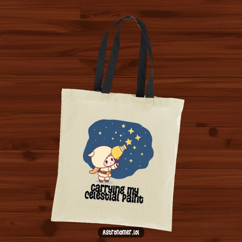 Funny Kawaii astronomer character mischievously painting stars onto a dark cosmic background on this versatile tote bag.