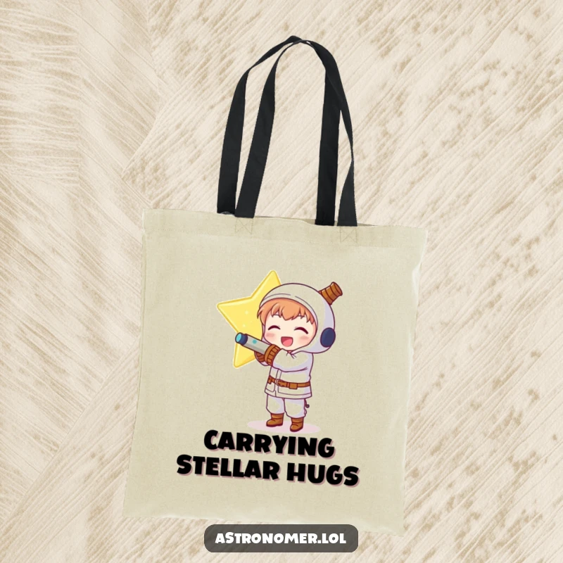 Funny Kawaii astronomer character joyfully hugging a glowing, impossibly huge star on this delightful tote bag.