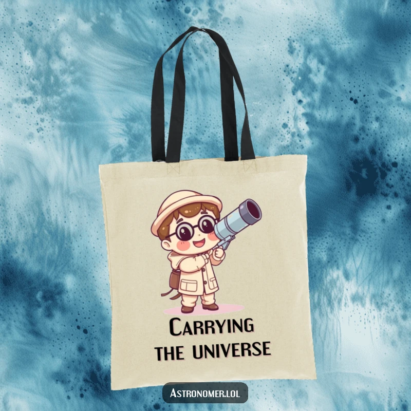 Funny Kawaii astronomer tote bag showcasing a smiling character with a ridiculously oversized, wobbly telescope, ready for humorous errands.