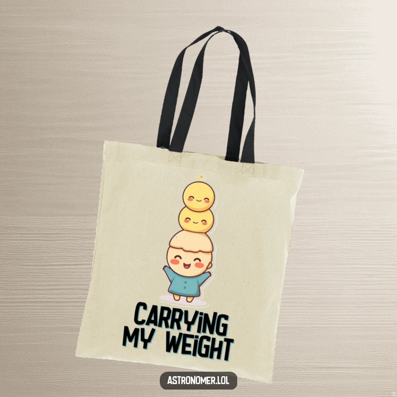 Funny Tote Bag: A happy character balances a comical stack of moons on their head, showcasing impressive lunar coordination.