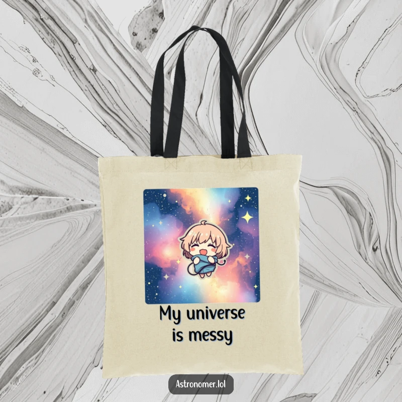 Funny tote bag with a character comically tangled in a dazzling starry nebula, giggling amidst the cosmic swirls and stardust.