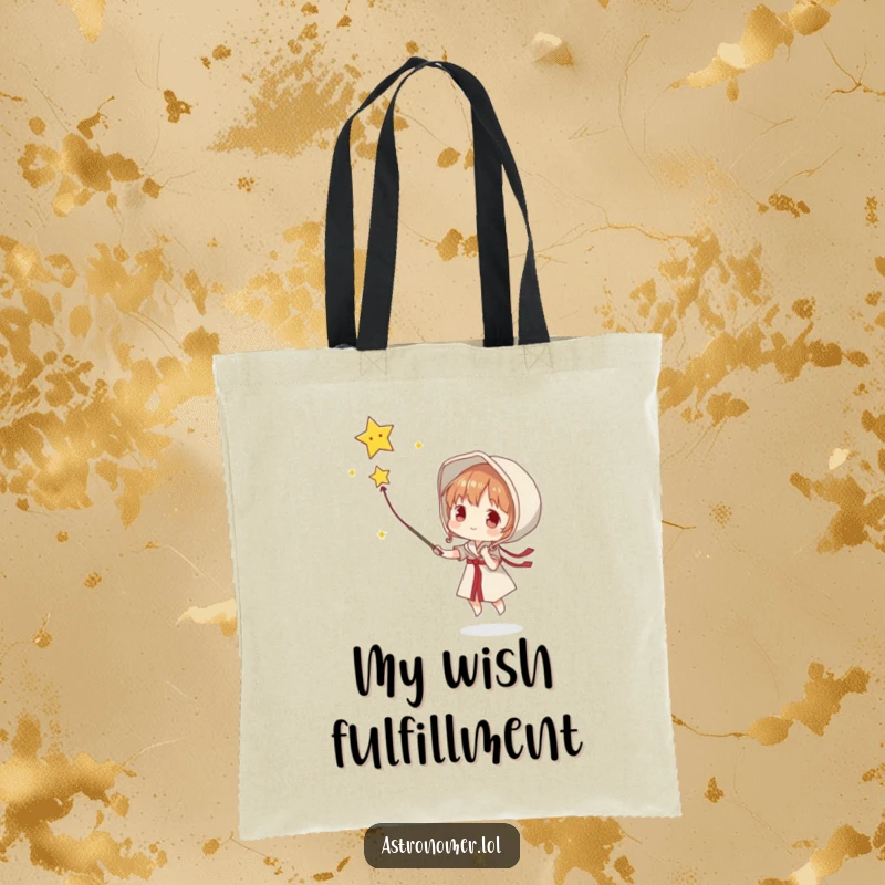 Funny tote bag with a character earnestly attempting to catch a falling star with a net, full of hopeful ambition.